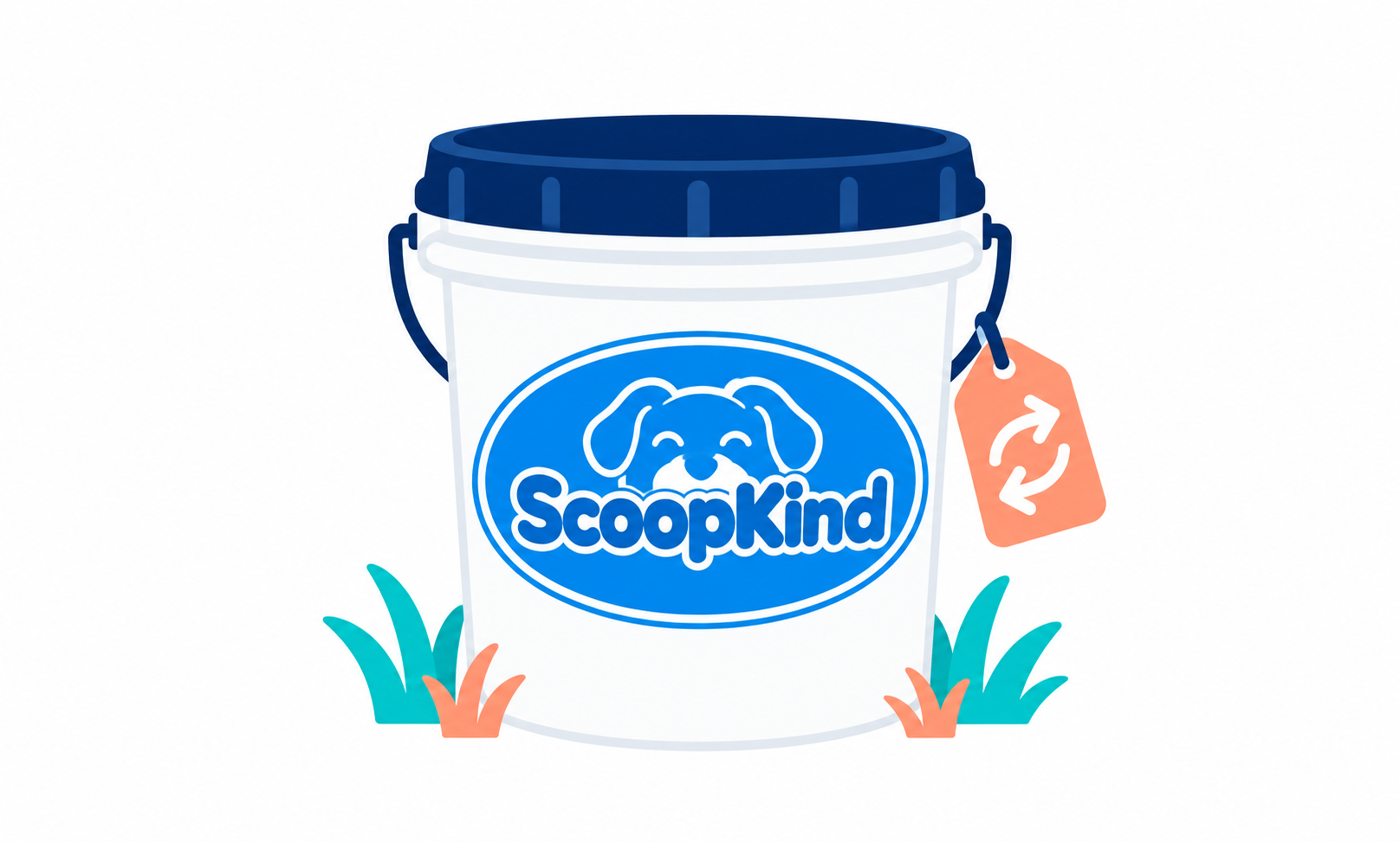White ScoopKind Bucket Swap bucket with navy lid, blue logo label and peach exchange tag