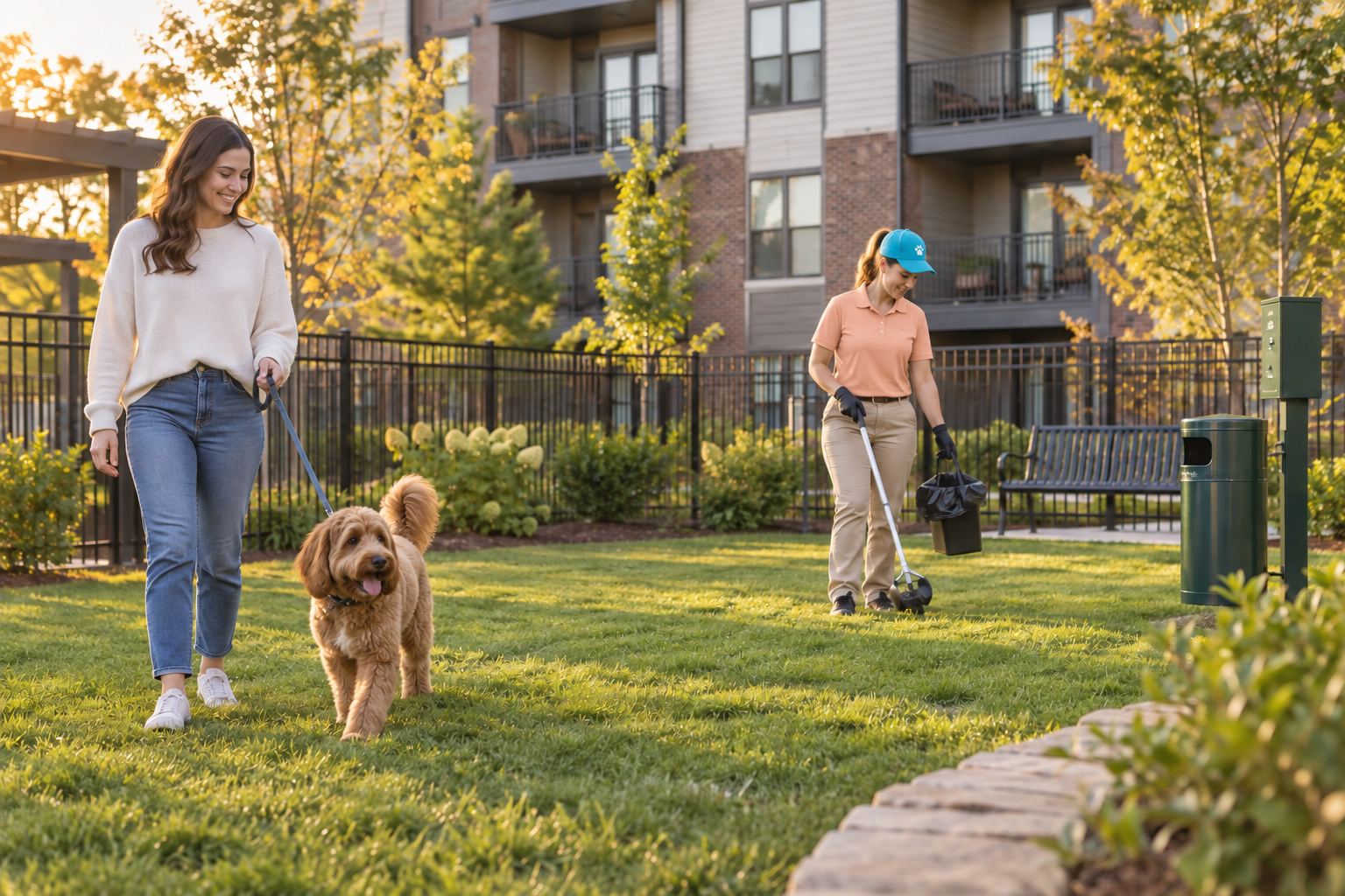 A ScoopKind-style technician cleaning a landscaped apartment community dog run while a resident walks her dog