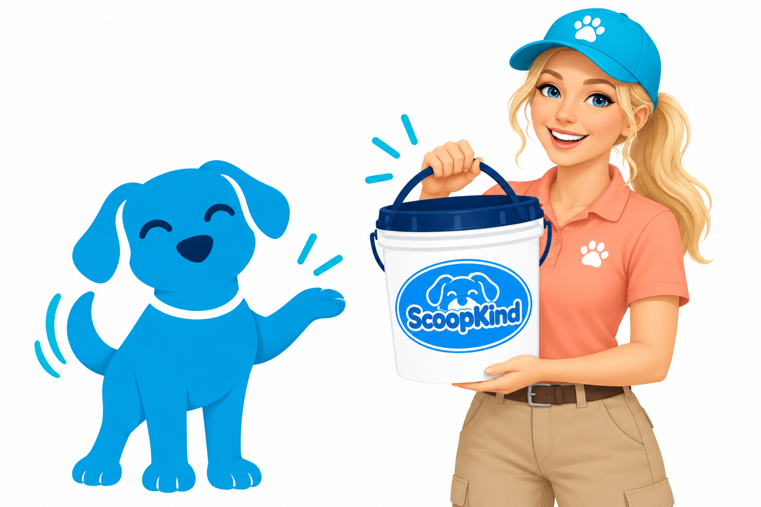 Dash and a blonde ScoopKind employee holding the branded Bucket Swap bucket