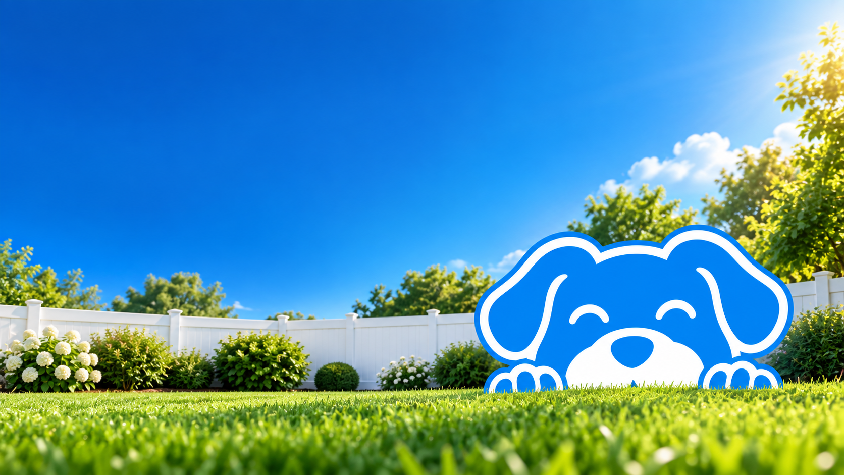 Dash, ScoopKind’s blue dog mascot, peeking over a clean green yard