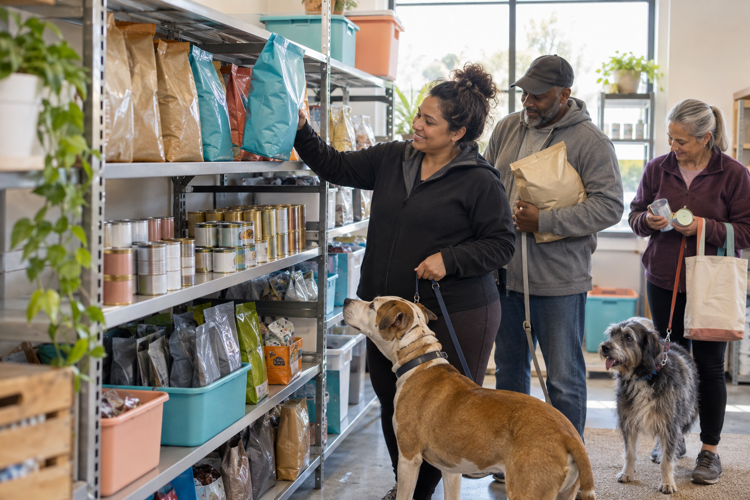 Dog parents choosing free pet food from shelves at a clean, welcoming community pantry