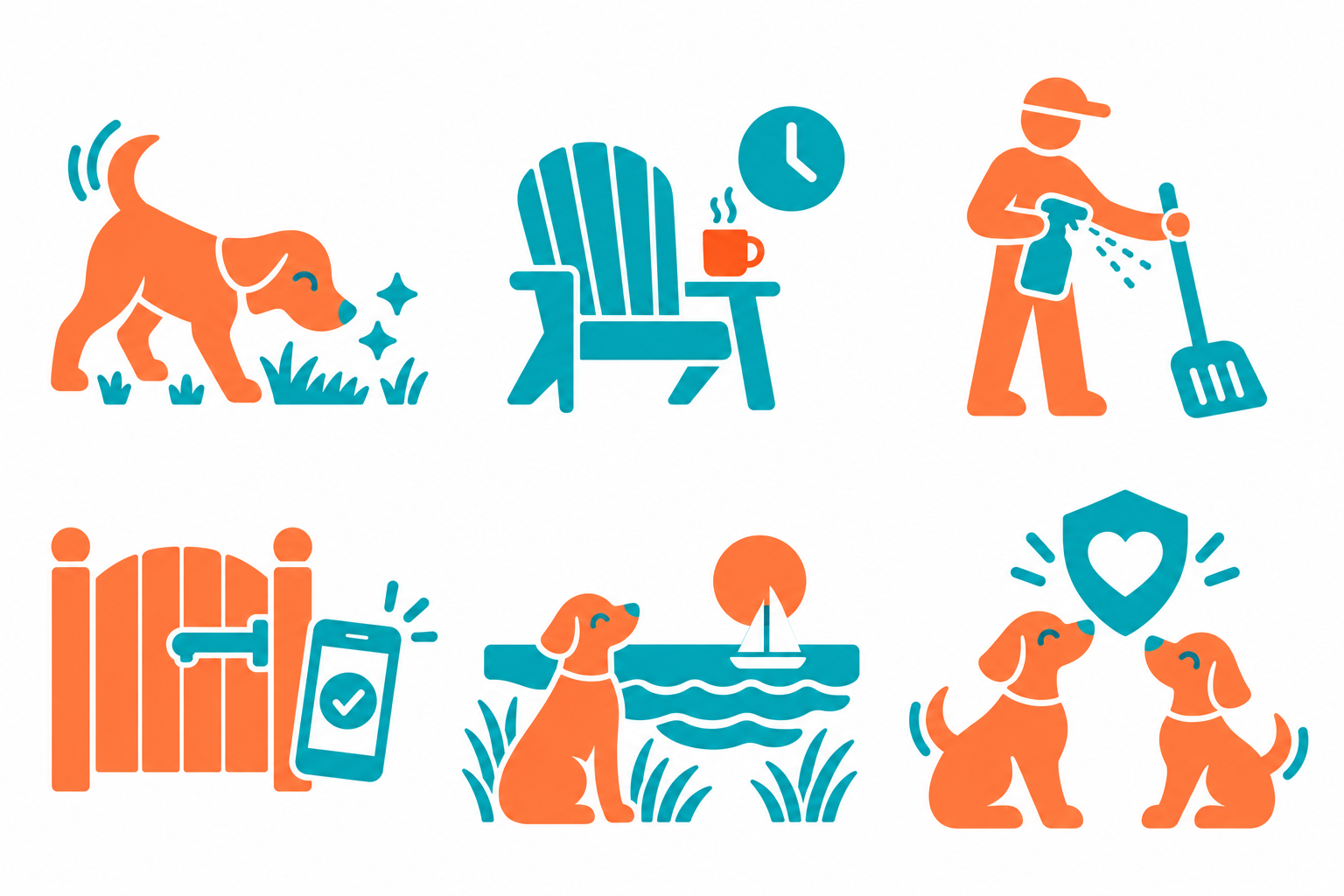 ScoopKind graphics representing clean yards, saved time, sanitized equipment, gate safety, Chesapeake Bay care and kindness