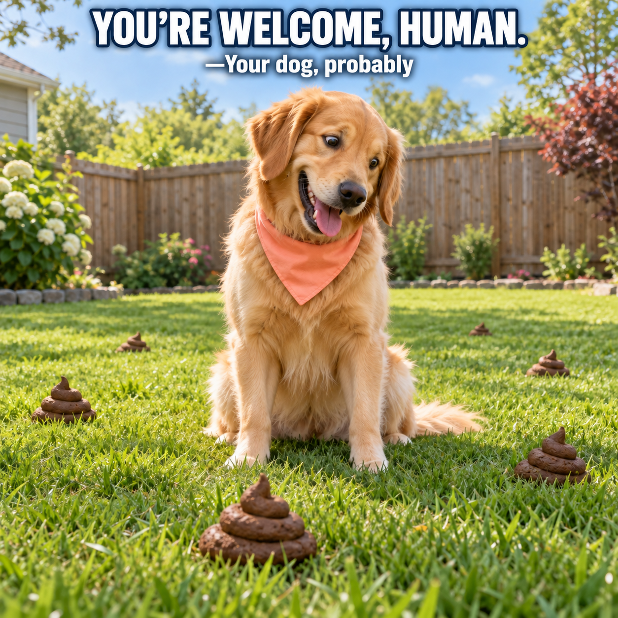A laughing golden retriever in a peach bandana surrounded by dog waste, with the words You’re welcome, human.