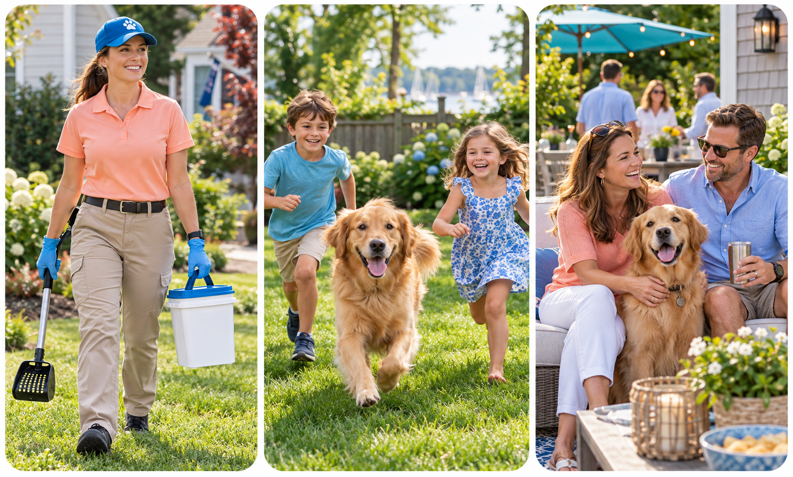 A ScoopKind technician, children playing with their dog on a clean lawn, and a family relaxing together in their backyard